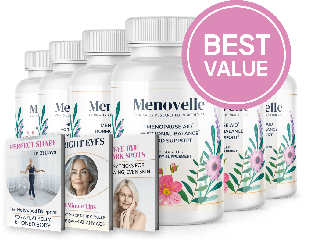 Menovelle natural menopause relief supplement bottle - hormone-free solution for hot flashes, sleep issues, and mood swings